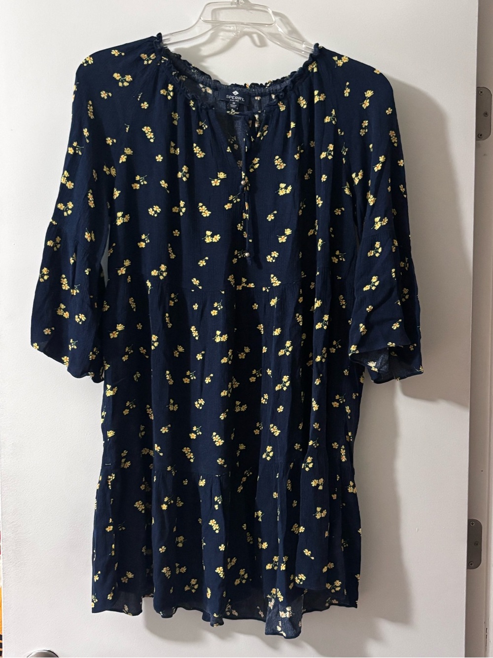 Sperry Navy Blue Yellow Floral Tiered Dress Bell Sleeves Size Medium M